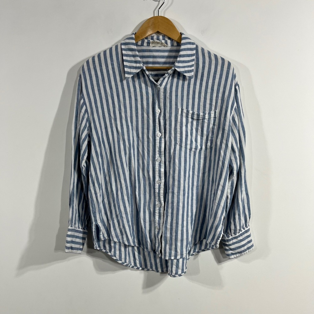 Marled Nautical Fisherman Striped Linen Button Down Shirt Womens Medium Beachy